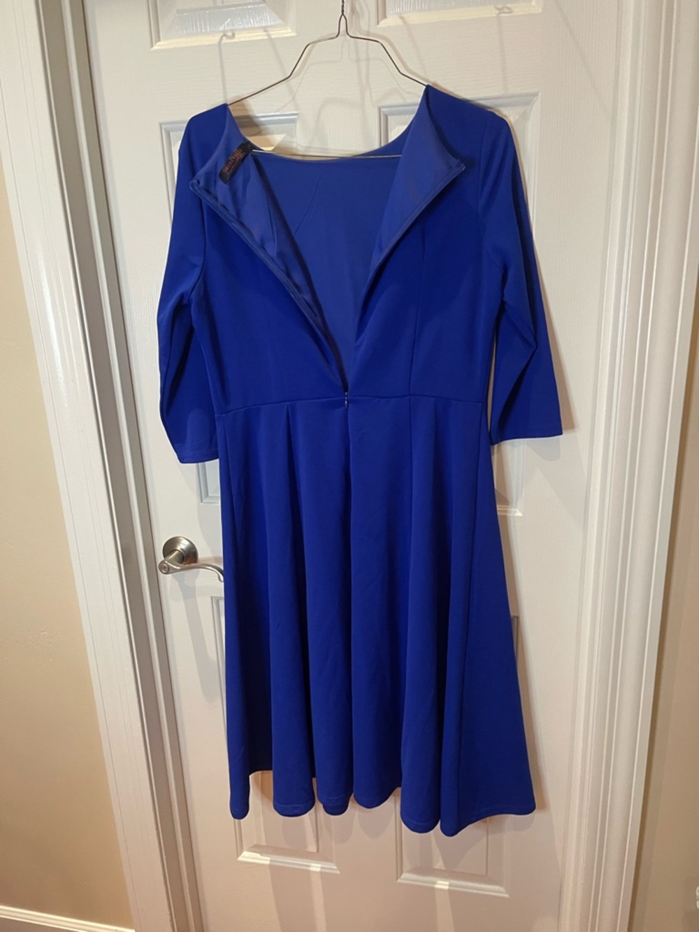 Royal Blue Fit-and-Flare Midi Dress with Three-Quarter Sleeves - Picture 9 of 12